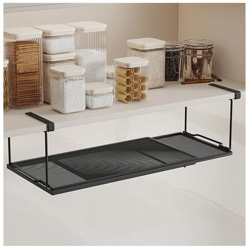 NUODWELL Panier de rangement extensible sous étagère, étagère suspendue sous placard, organiseur en maille métallique réglable pour cuisine, bureau, garde-manger (noir)