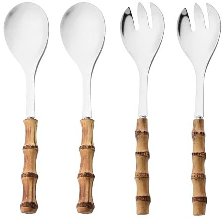 2/4Pcs Long Handle Serving Spork Bamboo Wooden Handle Salad Spoon Fork Stainless Steel Tableware Kitchen Cutlery Set 4Pcs Silver