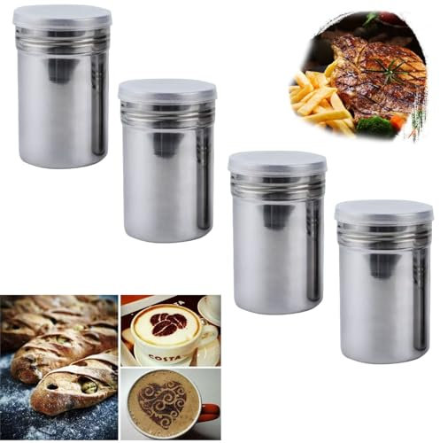 EKKJNQ Puderzuckerstreuer,4 Stück Edelstahl Streuer,Puderzuckerstreuer Mit Puderzuckermühle Deckel,Zuckerstreuer Für Kaffee, Schokolade, Puderzucker, Zucker, Salz, Kakao, Mehl.