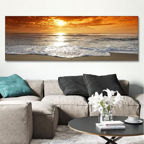 Cuadros en lienzo, imágenes panorámicas modernas de montaña, paisaje natural, grande, XXL, dormitorio, salón, decoración de pared, pared, puesta de sol, mar, playa, sin marco (A, 40x120cm, Sin marco)