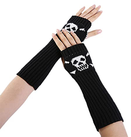GMBYLBY Dehnbare Handarmstulpen, fingerlose Totenkopf-Handschuhe, gestrickt, Halbfinger, Fahrhandschuhe, Cosplay, Party, warm, weich, Schwarz , M