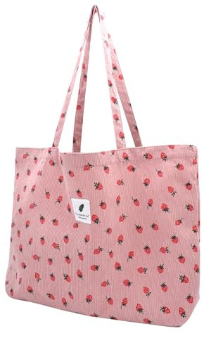 TeeYee Erdbeere Cord Tasche Damen Umhängetasche Tote Bag Kord Damen Shopper Handtasche Schultertaschen Arbeit Büro Reisen Einkauf Schule Alltag Rosa erdbeere L