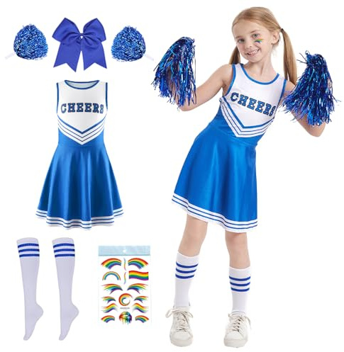 Ropa de porristas para niños,Disfraz Carnaval de Animadora para Niñas,Disfraz Cheerleader Niña con Pompones Calcetines - Uniforme Cheerleader para Carnaval Cosplay Competición Deportiva (azul, 140)