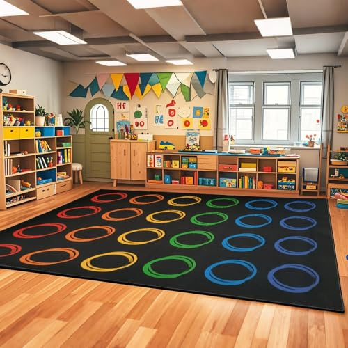 MAISONRINA Classroom Rugs Elementary with Colorful Circle, Large Classroom Rug for Preschool Nursery Daycare, Educational Kids Carpet for Kindergarten, 13'x7'7'' Playmat Seats 24(Black)
