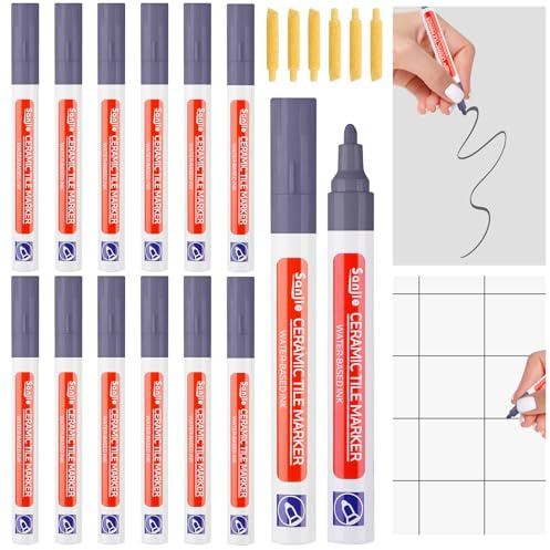 Sinofort 12Pcs Grey Grout Pen, Tiles Grout Pen with Replacement Nib | Tile repair marker ideal for restoration on wall, floor tiles in bathroom, kitchen and all indoor tile surfaces