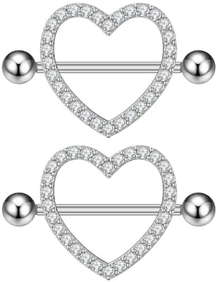 IMINI 14G Crystal Heart Nipplerings Barbells - Hypoallergenic Cubic Zirconia Body Jewellery for Women, Nipple Shield Rings Piercing Gift (Silver)