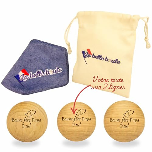 La belle boule® Set mit 3 personalisierbaren Boccia-Kugeln – Tasche für Boccia + Mikrofasertuch – Boccia-Kugel für Wettbewerb und Freizeit – Zubehör für Boccia, drinnen und draußen (Herz)