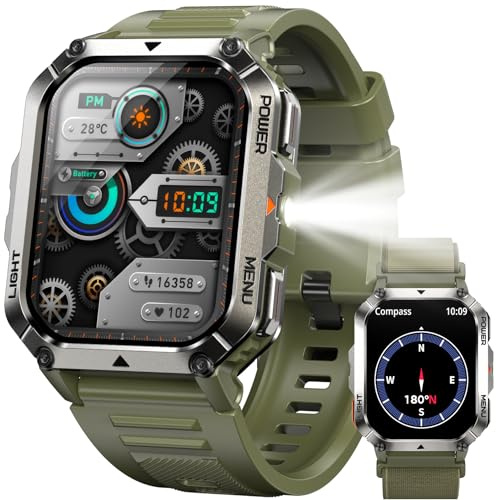IOWODO Smartwatch Hombre Militar 2.01 - Llamadas Bluetooth, 20 Días Batería, 123 Modos Deporte, Monitor Cardíaco/SpO2/Sueño, IP68, Linterna LED, iOS Android (2 Correas)