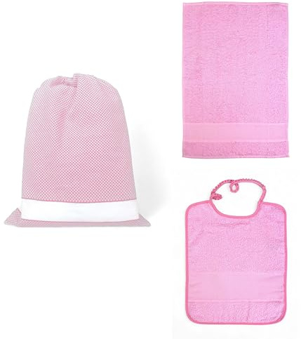 Set Asilo Nuvola 3 Pezzi in Puro Cotone con Tela AIDA da Ricamare - Sacco + Bavaglino + Asciugamano - Rosa