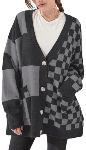 CHARTOU Women Slouchy Checkered Cardigan Oversized Open Front Cardigan Sweater Plaid Knit Outwear Coat(XX-Large,Grey)
