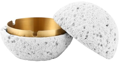SHUESS Aschenbecher mit Deckel aus Beton Ø12,5 cm – Windaschenbecher für Draußen und Balkon, Aschenbecher Outdoor Weiß, Stilvoller Tischaschenbecher mit Edelstahleinsatz, Geruchsdicht & Wetterfest