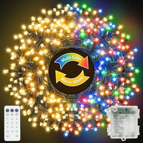 YIFMOO Lichterkette Batterie Außen 10M 100LED Warmweiß + Bunt Timer 12 Modi | Dimmbar Farbwechsel Weihnachtsbeleuchtung mit Fernbedienung für Inne Party Balkon Weihnachten Hochzeit Deko