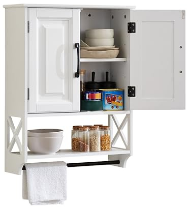 EFURDEN Badezimmerspind, Hängeschrank mit Handtuchstange, 2-Türiger Badschrank mit 3 Höhenverstellbaren Böden, Platzsparender Wandschrank für WC, Bad & Hauswirtschaftsraum, Weiß 49x18x63.5 cm