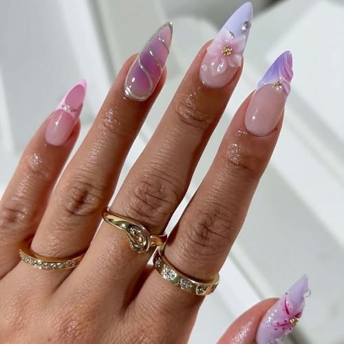 24-Piece Pink-Purple Flower Almond Press-On Nails with 3D Floral Carving & Dreamy Gradient Hues - Pearl and Rhinestone Embellishments for Glossy Finish Artificial Nails Suitable for Women