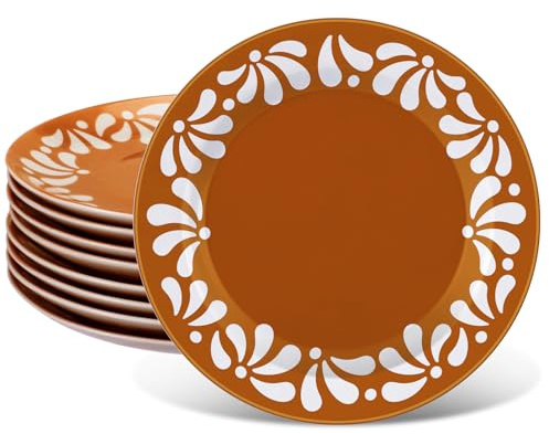 Potchen 8 Pcs Cielito Lindo Party Decoration Ceramic Plates Mexican Party Tableware Set Round De Barro Talavera Salad Plate for Dishwasher Oven Safe Baby Shower Wedding(Terracotta Color)