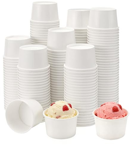 MUKSUET 200 Pcs 3oz/130ml Paper Ice Cream Cups, White Leak-Resistant Disposable Paper Dessert Bowls Yogurt Cup Treat Cups for Sundae, Frozen Yogurt, Soup