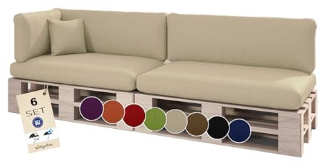 sunnypillow Palettenkissen Outdoor, wasserdicht, UV-lichtecht - 6er Set - Palettenauflage für Palettensofa für Haus, Garten - Palettenpolster für Palettenmöbel - Rückenkissen & Sitzkissen Cremefarben