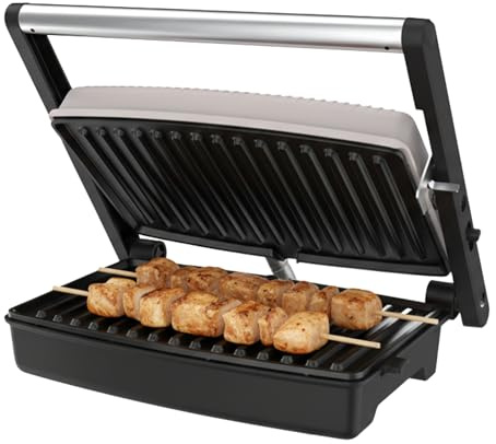 Mellerware - Griglia Elettrica Hotty Sand 1500W, Rivestimento Antiaderente, Apertura a 180°, Doppia Piastra, Facile Pulizia, Acciaio Inox, Colore Beige