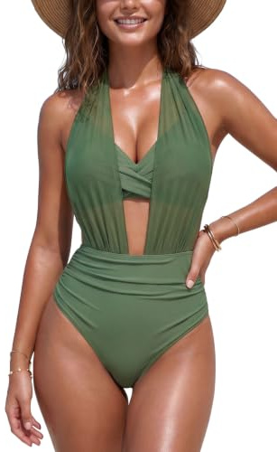 SHEKINI Womens High Waisted Bikini Sets Mesh Halter Tummy Control Swimsuit | Two Pieces, 2 Ways to Wear, Twist Front, Ruched, Adjustable Straps