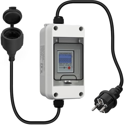Kamtop Compteur d'Énergie Prise IP65 - Wattmètre Extérieur Camping | Câble H07RN-F 0.9m, 230V 80A, Compteur Consommation, Wattmètre Prise Étanche, Mémoire Hors Tension pour Camping Caravane Jard