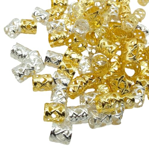 100 Stück/Packung Golden Silber Hohlspiralen Trendiges Haargeflecht Dread Dreadlock Perlen Clips Manschetten Ringe Schmuckzubehör für Zöpfe für Mädchen für großes Loch Gold für