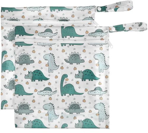 SECFOU Set 2 Sacchetti Cambio Chiusura a Cerniera in Poliestere, Borsa Pannolini Lavabili Fantasia Dinosauri, Versatile e Resistente per Passeggino e Asilo Nido