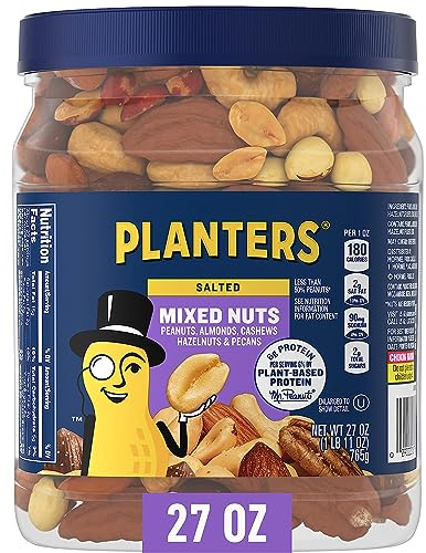 PLANTERS Mixed Nuts, Salted, 27 oz, Resealable Jar - Salted Nuts with Less than 50% Peanuts (*Nuts are Measured by Weight), Almonds, Cashews, Hazelnuts & Pecans - Kosher