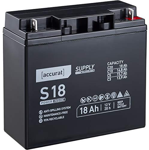 Accurat Supply AGM Solarbatterie S18-12V, 18Ah, 30% mehr Kapazität, zyklenfest- VRLA Versorgungsbatterie, Aufbaubatterie Wohnmobil, Wohnwagen Batterie, Bootsbatterie, Bleiakku für Camping