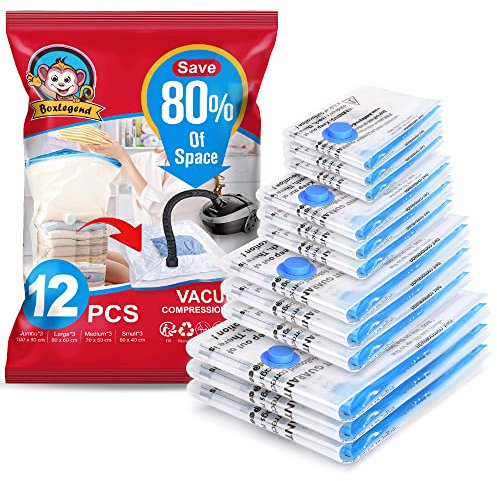 BoxLegend Vacuum Storage Bags Space Saving Bags 12 Pack Thicker Type 80 Microns 3XL+3L+3M+3S Vacuum Bags Double Zip Seal & Leak Valve Reusable for Clothes Comforter Bedding Pillow