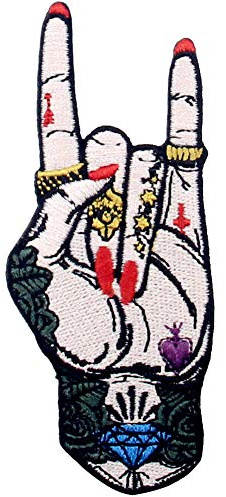 Aufnäher, bestickt, Design: Rock'n'Roll, Tattoo Hand Symbol Finger Zeichen, zum Aufbügeln oder Aufnähen