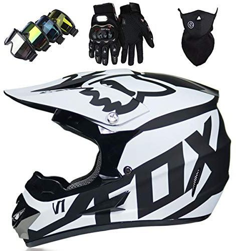 Motorradhelm - JMY-01 Motocross Helm Set - Dirt Bike Fullface Offroad Motorrad Helm mit Schutzbrille Geeignet für Kinder von 5 Bis 14 Jahren mit Fox Design - Schwarz-Weiss - S/M/L/XL,XL