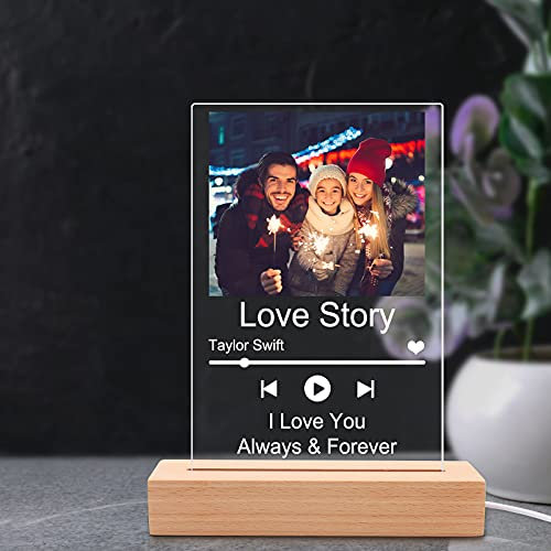 XJone Personalisierte Spotif Glasbilder Nachtliht, Scannbar Spotiy Glas Personalisiert Song Cover mit Foto Bild, Acryl Spotfy LAPE Geschenk für Geburtstag Jahrestag
