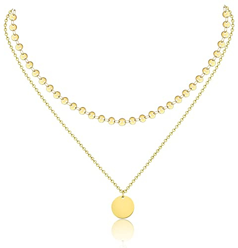 AFSTALR Geschenke für Mama Damen Layered Kette Silber/Rosegold/Gold Plättchen Kette Doppel Multilayer Halskette mit Coin Runden Anhänger Muttertagsgeschenk