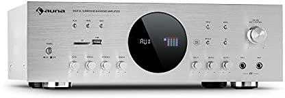 auna AMP Verstärker - Stereo-HiFi-Verstärker für Karaoke, Radio oder Heimkino, USB- und SD-Anschluss, Frequenz: 20 Hz bis 20.000 Hz, 43 x 14,5 x 30,5 cm (BxHxT), Silber