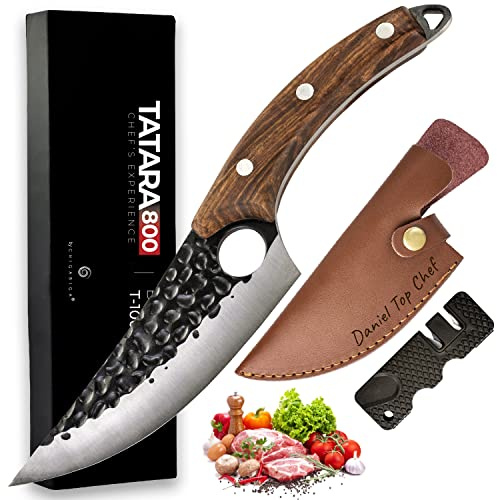 Couteau de cuisine de style japonais forgé à la main avec un aiguiseur et un étui de protection en cuir, boîte cadeau. Option personnalisée (couteau+housse personnalisé+aiguiseur)