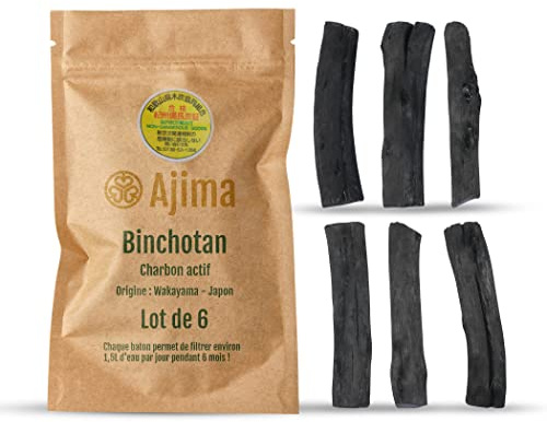 Ajima Binchotan Charbon Actif Eau - Baton de Charbon Bio Purificateur d'eau Naturel x6 - Chaque Baton Filtre Environ 1.5 L - Charbon de Chêne de Wakayama Vrai - Idéal pour Filtrer l'eau en Carafe
