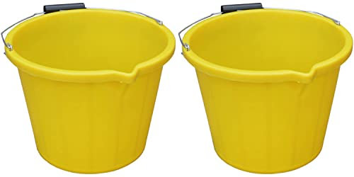 (𝐂𝐨𝐦𝐛𝐨 𝐨𝐟 𝟐) 14L Litre Strong Plastic Builders Bucket 3 Gallon Storage Construction Bucket With Metal Handle & Spout For Cleaning Animal Feed Mixing Home & Garden (Made in UK) (Yellow)