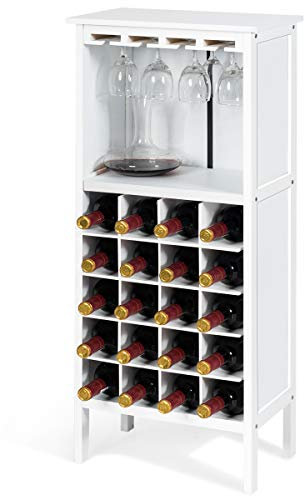 GIANTEX Weinschrank Holz, Weinregal Flaschenregal für 20 Flaschen mit Glasaufhänger, Weinständer Flaschenständer Gläserregal Vintage für Küche Bar 42 x 24,5 x 96cm (weiß)