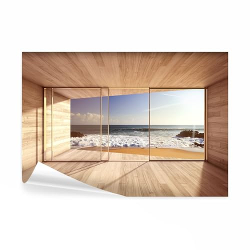 decomonkey Papier Peint Panoramique Fenétre sur la Mer Plage 350x256 cm | Décoration murale, Tapisserie décorative pour chambre salon, Bois vagues mer ciel paysage vue depuis la fenêtre eau