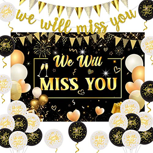 We Will Miss You Decorations Black and Gold We Will Miss You Backdrop Banner Good Luck Printed Balloons Gold Triangle Flag Banner for Going Away Farewell Retirement Graduation Party Decorations