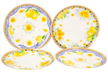 Keyhomestore-Set composto da 4 piattini, in ceramica, Diametro cm 20, color Giallo, decoro Limoni, ideali per pause Caffè e Thè oppure come soprammobili decorativi per interni.