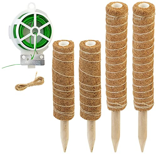 Royal Gardineer Kokos-Pflanzstäbe: 4er-Set Rankhilfen aus Kokosfaser & Holz, 2x40 cm, 2x30 cm, Juteschnur (Moosstab Rankhilfe, Rankhilfe Zimmerpflanze, Wein)