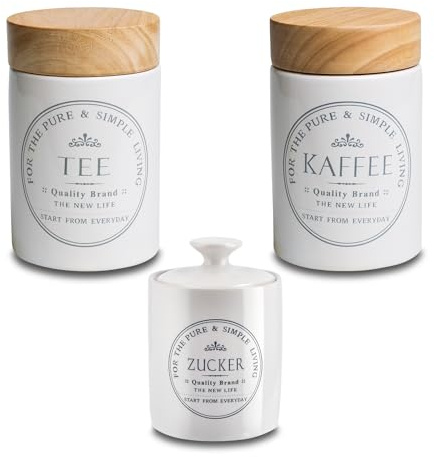 KHG Vorratsdosen Kaffee Tee Zuckerdöschen Set Kapazität 1 L & 400 ml | Küchenaufbewahrung Steingut Keramik, Holzdeckel Bambus, Landhaus Vintage Stil, für die tägliche Küchenroutine