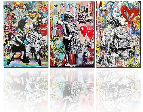 Tucocoo Kunstwerk für Zuhause, Wände, Banksy, Graffiti-Bilder, kleine Jungen und Mädchen, 3 Stück, Leinwand bunt Pop-Art moderne Kunstwerke Wohnkultur für Wohnzimmer Holzrahmen fertig zum Aufhängen