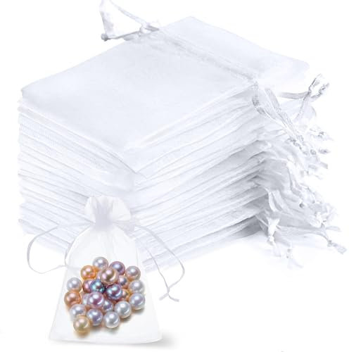 TCASENER 100 Stück 7X 9 cm Weiß Hochzeit Organzasäckchen,Organzasäckchen,Schmuckbeutel,Beutel Schmuckbeutel mit Zugband,für Party Hochzeit Festival