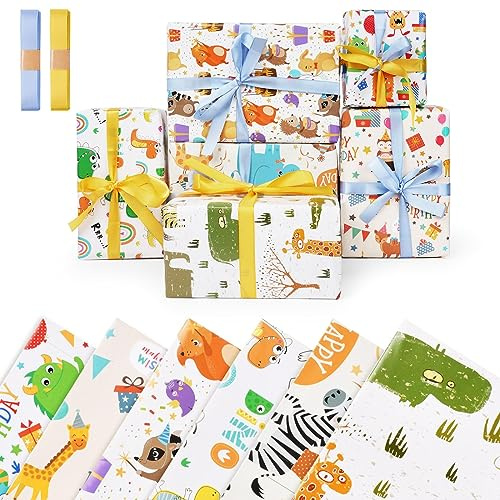 OFFCUP Verpackungspapier, 6 Blatt 50x70cm mit 2 Bündel Bänder | Geschenkpapier Kinder, Recycelbares Geburtstagspapier Set Geschenkpapier Geburtstag Bunt Kindergeburtstag Geschenke Deko