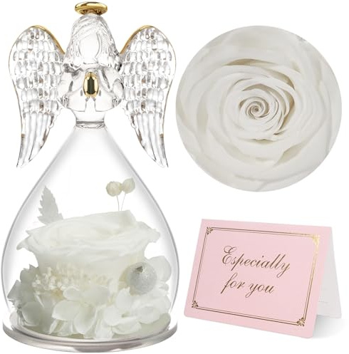 Yamonic Evig ros damgåva, evig blomma skyddsängel gåvor mamma, ängelfigur födelsedagspresent dam, rosa mors dag presenter alla hjärtans dag jul, äkta rosa
