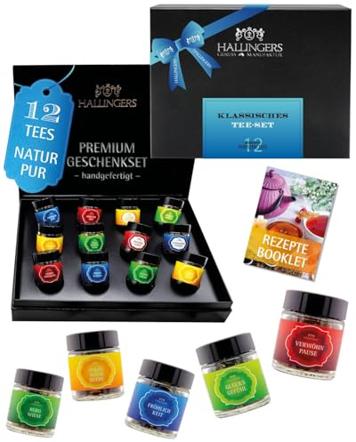Hallingers Genuss Manufaktur Tee Geschenk-Set - 12 Sorten premium loser Tee Probierset in edler Geschenkbox mit Rezept-Booklet Klassisches Tee..., Geschenkidee für Frauen Männer