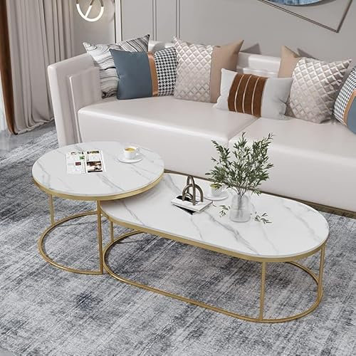 UsmAsk Satztische, Couchtisch, 2er-Set, weiße Fuax-Marmorplatte, goldene Couchtische mit Stauraum, runder und Langer ovaler Wohnzimmer-Mitteltisch, runder Teetisch, Akzent-Beistelltisch, 120 cm ()