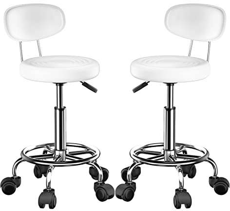 2 barhocker höhenverstellbar mit rollen für Haushalt Studio Werkstatt, Weiß | 3-stufiger pneumatischer Hubarm, 360° rollhocker Höhe 46-61 cm, Weiches Kunstledergewebe, Komfortable, verchromte Fußpedale